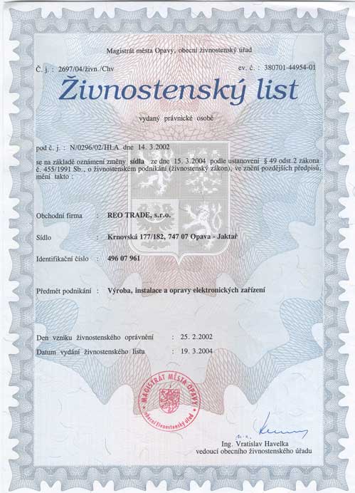 Živnostenský list - Výroba, instalace a opravy elektronických zařízení